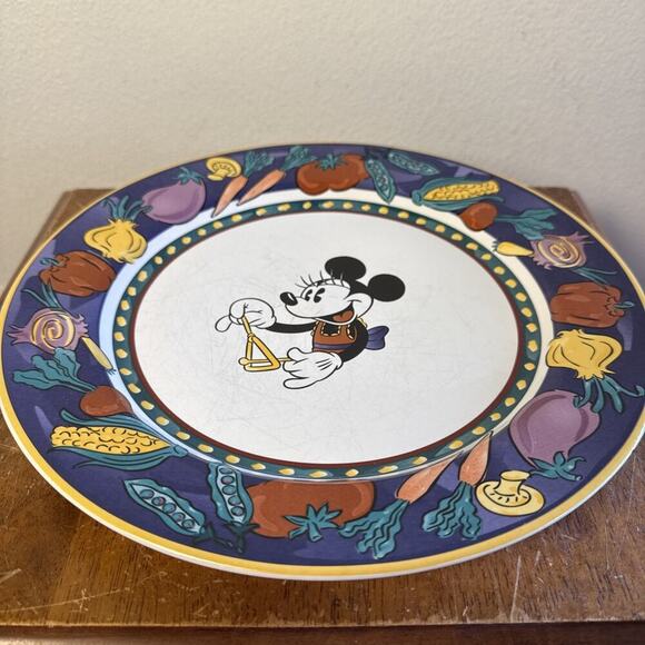 Disney Minnie Mickey Vegetable Veggie Trim Stoneware Dinner Bell Plate 11” Dish - Picture 3 of 7